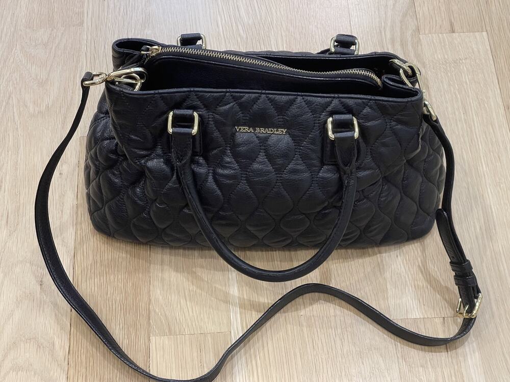 Vera Bradley Black Quilted Leather Medium Shoulder Bag Satchel Purse Handbag